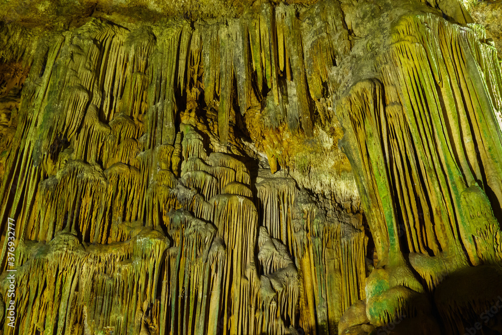 Wall of stalagmites inside karst cave Astim or Asthma, Kizkalesi ...