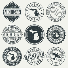 Wall Mural - Michigan Set of Stamps. Travel Stamp. Made In Product. Design Seals Old Style Insignia.