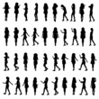 © sharplaninac - Many full body silhouettes of young woman in dress walking talking using phone or running. Side view and front. Layered vector illustration.