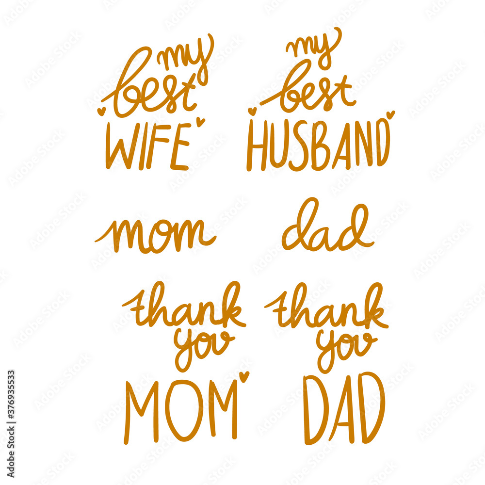 hand-lettering text thanks mom and dad, my best wie and husband vector illustration. - obrazy, fototapety, plakaty 