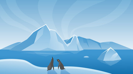 arctic antarctic landscape vector illustration. cartoon marine life natural scene with iceberg, ice 