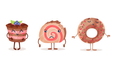 Poster - Cute Kawaii Cake and Doughnut with Face and Arms Vector Set