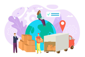 Wall Mural - Worldwide shipping and delivery cargo service concept, vector illustration. Transportation worldwide, logistic, freight and truck with boxes. Export, import. International fast shipping service.