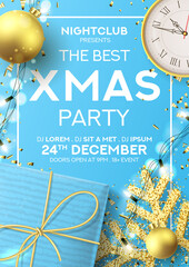 Christmas party poster invitation. Holiday background with realistic blue gift box, gold snowflake and sparkling light garlands. Vector illustration with Christmas baubles. Invitation to nightclub.