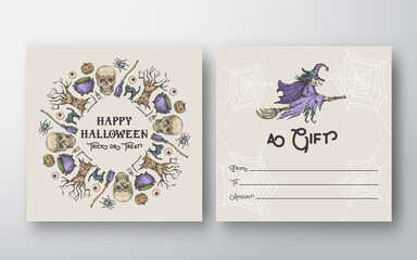 Wall Mural - Halloween Abstract Vector Greeting Gift Card Background Template. Back and Front Design Layout with Typography. Soft Shadows and Sketch Pumpkins, Sculls and Witch on a Broom Illustrations Frame.