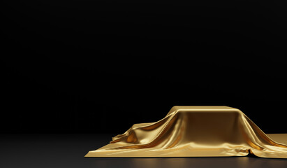 Wall Mural - Empty podium covered with gold cloth on black background 3d render