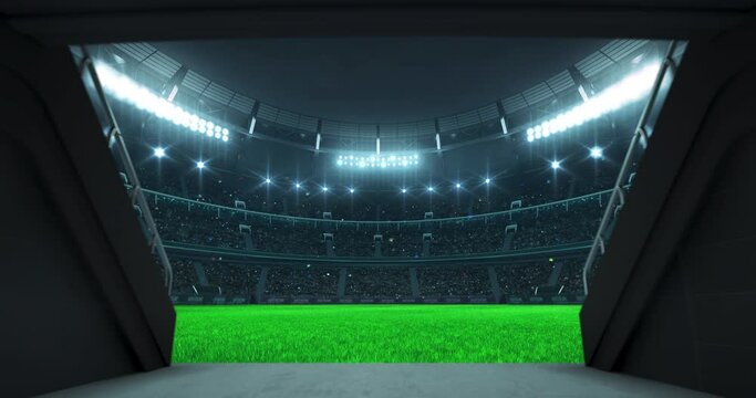 Wall Mural -  - Entrance tunnel leading to illuminated universal stadium with green grass and full of fans. Glowing stadium lights in 4k video background.