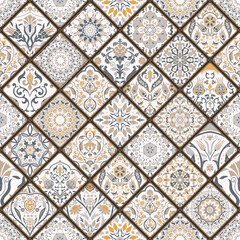 Wall Mural - Seamless colorful patchwork. Hand drawn background. Azulejos tiles patchwork. Traditional ornate Portuguese and Spanish decorative tiles azulejos. Abstract background. Ceramic tiles. Vector