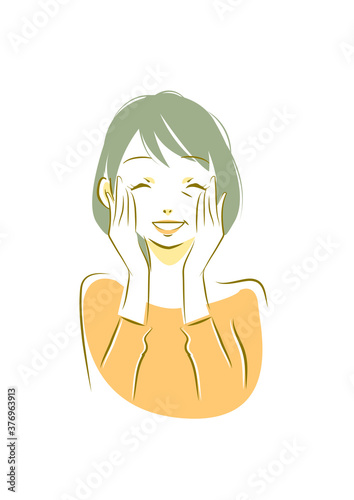 顔を触って微笑む50代女性の手描き風イラスト Stock Illustration Adobe Stock