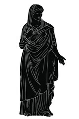 An ancient Greek young woman in a tunic and cape stands and gestures.