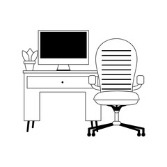 Canvas Print - workspace chair desk computer and plant isolated icon line style