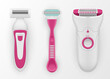 Razors, epilator for women realistic set. Shaving personal hygiene female accessories.