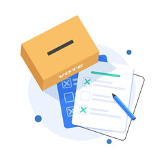 Poster - Puts voting ballot in ballot box. Voting and election concept,Clients Choosing Satisfaction Rating and Leaving Positive Review