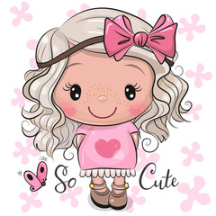 Sticker - Cartoon Girl in a pink dress with bow