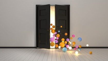 Poster - Open doors with abstract spheres entering a room. 3D render / rendering.