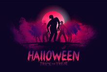 Vector Mystical Illustration. Background Fog On Background Bloody Moon With Silhouettes Of Scary Characters Pumpkin, Witch, Zombie Hand. Halloween Party Graphics Design.