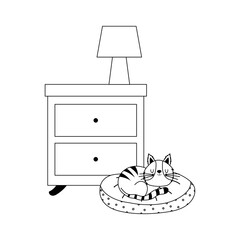 Poster - table with lamp and cat in cushion isolated white background