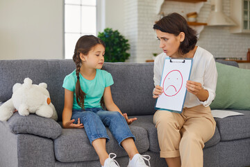 Private child psychologist having therapy session with frustrated little kid at home