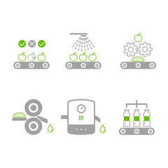 Juice manufacture process. Apple juice production process stages. Washing, sorting, crushing, pasteurization, packaging bottles with juice. Factory producing apple juice from apple flat illustration.