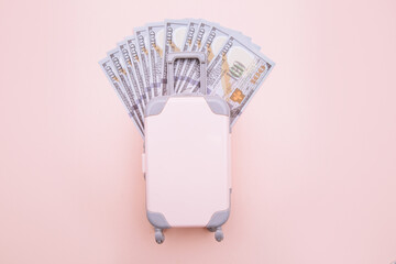 Pink travel luggage suitcase and money banknotes on pink background. Save money for traveling.