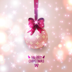 Wall Mural - Beige Christmas bauble on light background. Vector illustration. Christmas ball with purple bow. Sparkles. Place for your text message. Fashionable New year backdrop.