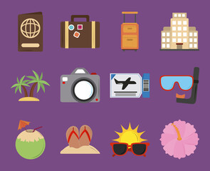 summer vacation travel, passport suitcase hotel palm camera icons flat style