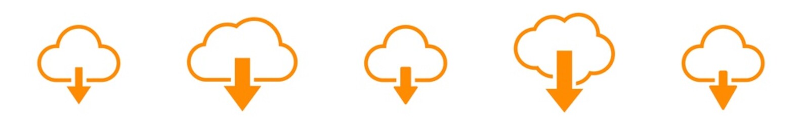 Wall Mural - Cloud Download Icon Orange | Clouds Arrow Down Illustration | Computing Storage Symbol |  Server Data Internet Logo | IT Service Sign | Isolated | Variations