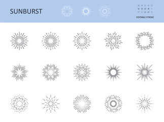 Sunburst icons. Vector symbols sun with rays. Editable stroke. Circular logo with radial lines. Sunrise, starburst abstract design elements. Shining lines on the horizon