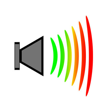 gray horn with black edging and image of sound waves from green to red
