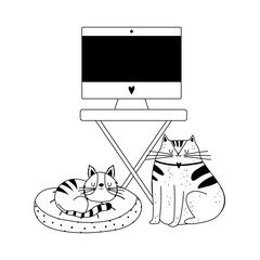 Canvas Print - workspace monitor computer on table and cats isolated icon line style