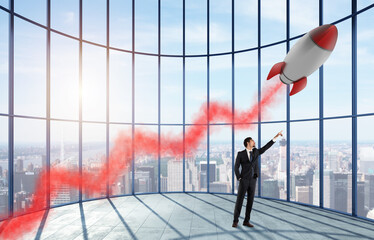 Wall Mural - Businessman indicate a fast rocket with a red smoke like a statistic arrow