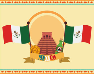 Canvas Print - mexican independence day, ancient pyramid maya coin tequila and flags, celebrated on september