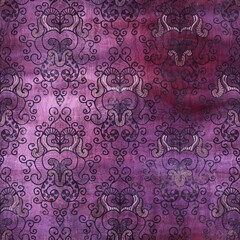  Luxury purple and tan damask seamless pattern. High quality illustration. Mysterious and luxurious grape and beige colored ornamental textured pattern swatch. Fancy and glamorous romantic design.