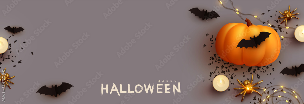 Happy Halloween banner. Festive background with realistic 3d orange pumpkins and flying bats, golden spider, candles, light garlands. Horizontal holiday poster, header for website. Vector illustration - obrazy, fototapety, plakaty 