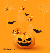 Happy Halloween. Festive Background With Realistic 3d Orange Pumpkins With Cut Scary Smile, Golden Spider Web And Flying Bats. Holiday Poster, Flyer, Brochure And Template Cover. Vector Illustration