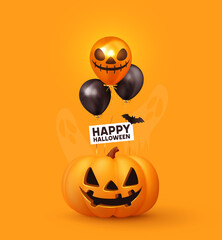 Wall Mural - Happy Halloween. Festive background with realistic 3d orange pumpkins with cut scary smile, helium air balloons and flying bats. Holiday poster, flyer, brochure and template cover. Vector illustration