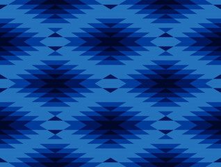 Tribal and ethnic pattern in blue geometric triangle, seamless vector abstract background for fashion