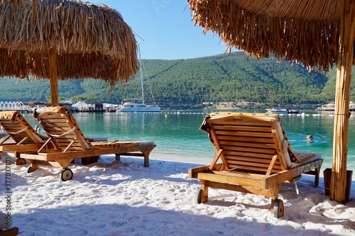 Bodrum Turkey August 2020 Hotel Beach Lujo Beautiful Tropical Beach Banner White Sand Travel Tourism Wide Panorama Background Concept Amazing Beach Landscape Yachts Luxury Tourism Buy This Stock Photo And