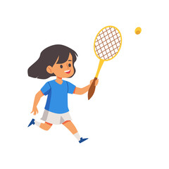 Canvas Print - Little girl cartoon character playing tennis, flat vector illustration isolated.