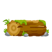 Vector Brown Log With Green Moss And Stone. Environment Of Forest. Set Of Cartoon Illustration. Building Wood Material, Natural Element