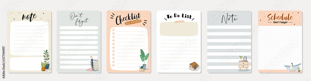 Set of planners and to do list with home interior decor illustrations. Template for agenda, schedule, planners, checklists, notebooks, cards and other stationery. - obrazy, fototapety, plakaty 