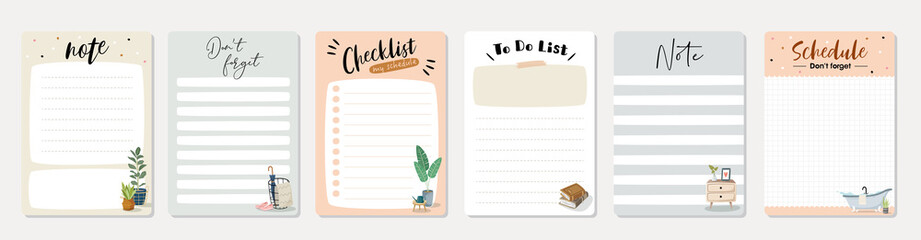 Set of planners and to do list with home interior decor illustrations. Template for agenda, schedule, planners, checklists, notebooks, cards and other stationery.