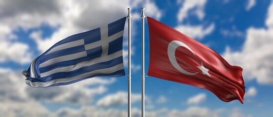 Sticker - Greece and Turkey dispute. Turkish and Greek flags waving opposed against blue sky background. 3d illustration