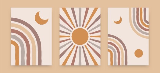 Wall Mural - abstract sun moon rainbow posters. contemporary backgrounds, boho covers trendy mid century style. g