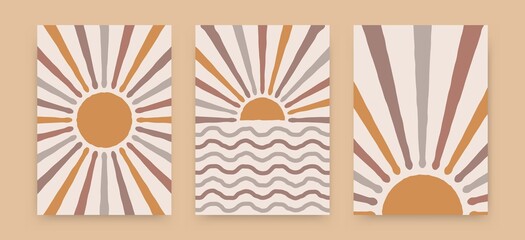 Wall Mural - Abstract sun posters. Boho contemporary backgrounds, beige covers trendy mid century style. Geometric wall decor, vector illustration