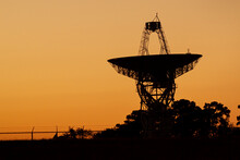 Close Up Isolated Silhouette Image Of A Large Radio Telescope Antenna Used For Deep Space Exploration In Wallops Flight Facility Of NASA The Large Satellite Dish Is Facing Towards The Sky.