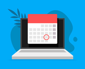 Aufkleber - Laptop computer with calendar, on backdrop scribble and leaves. Vector flat illustrations.