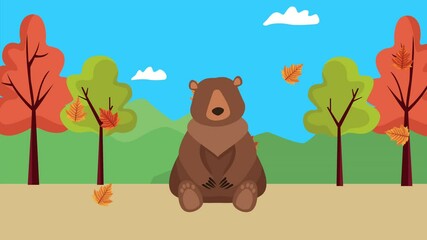 Wall Mural - hello autumn animation with bear in forest scene