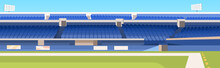 Empty Soccer Stadium With Green Lawn And Blue Tribunes Horizontal Vector Illustration