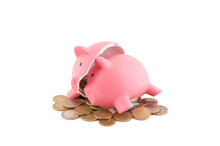 Broken Piggy Bank With Coins On White Background With Clipping Path